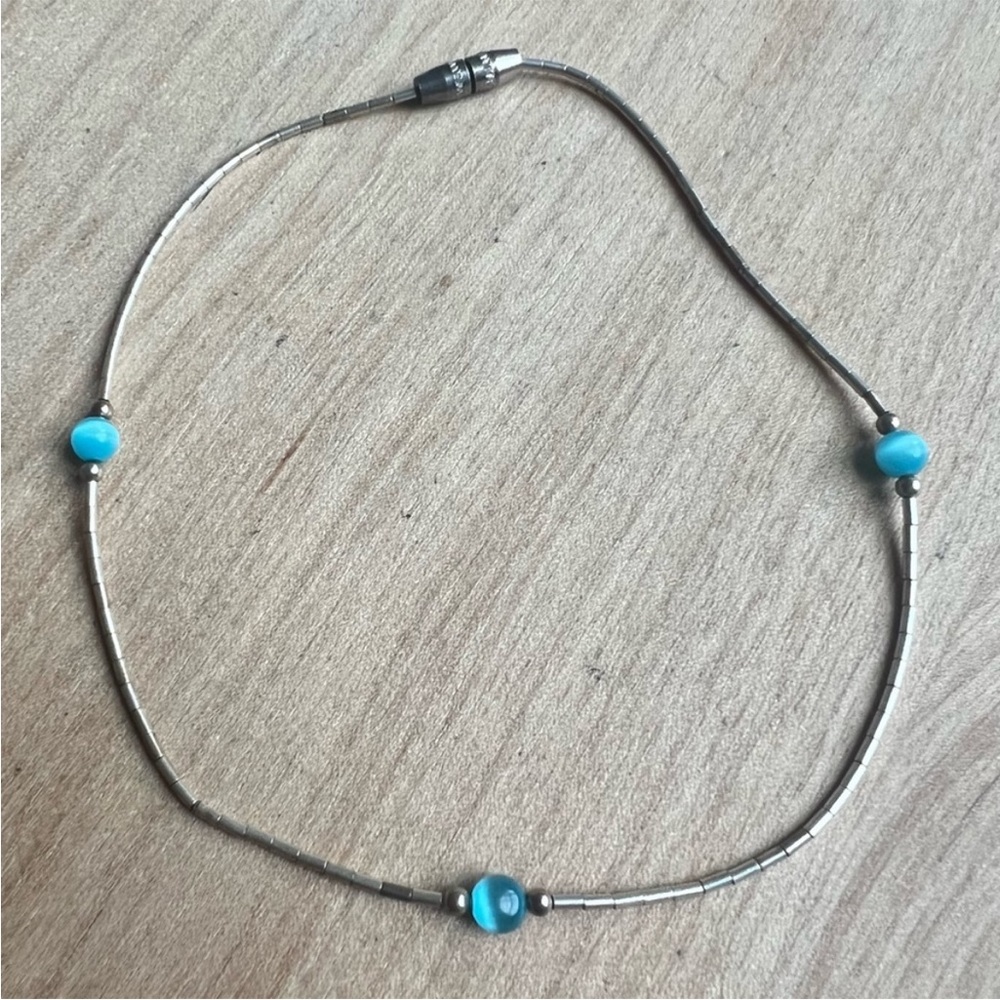 Southwestern Liquid silver blue beaded ankle bracelet - Picture 2 of 4